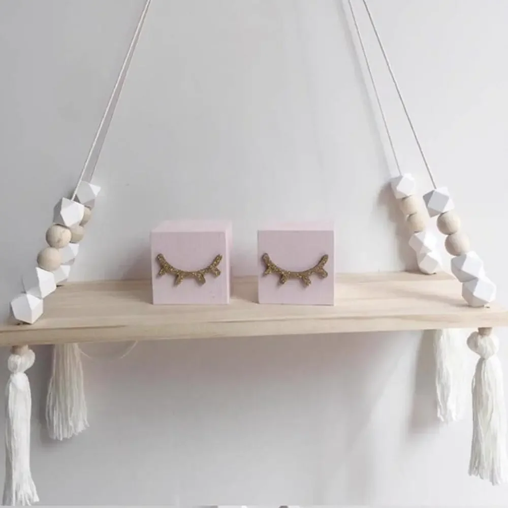 Nordic Wood Hanging Shelf with Beads & Tassels | Floating Wall Storage | New